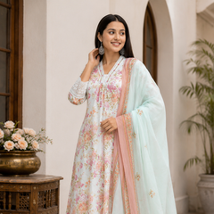 Premium Mint Green Floral Cotton Three Piece Suit Set