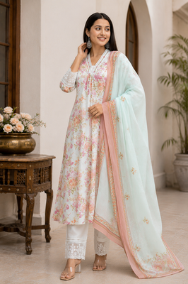 Premium Mint Green Floral Cotton Three Piece Suit Set