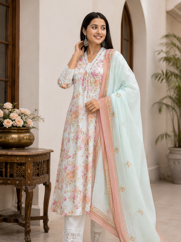 Premium Mint Green Floral Cotton Three Piece Suit Set