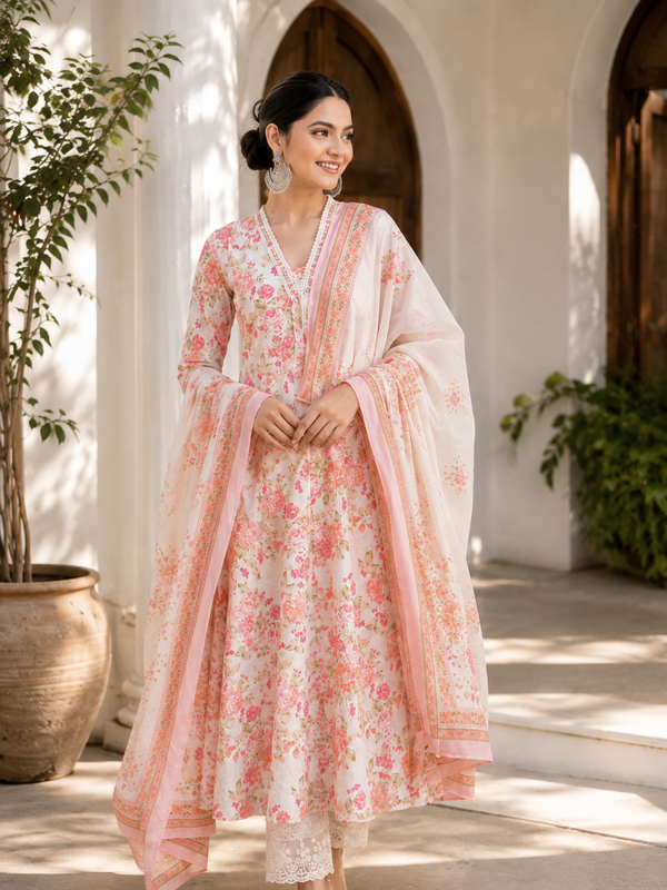 Elegant Pink Floral Cotton Kurta Set