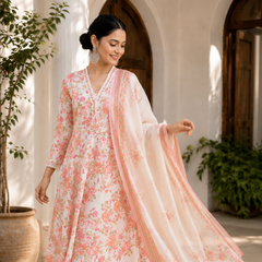Elegant Pink Floral Cotton Kurta Set