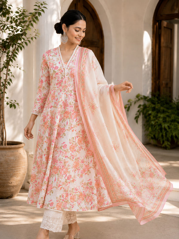Elegant Pink Floral Cotton Kurta Set