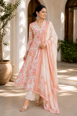 Elegant Pink Floral Cotton Kurta Set