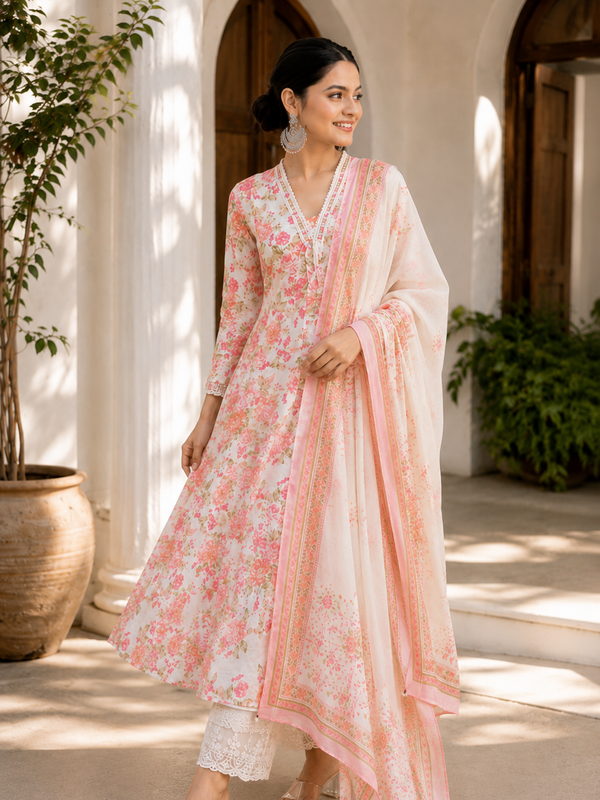 Elegant Pink Floral Cotton Kurta Set