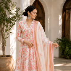 Elegant Pink Floral Cotton Kurta Set