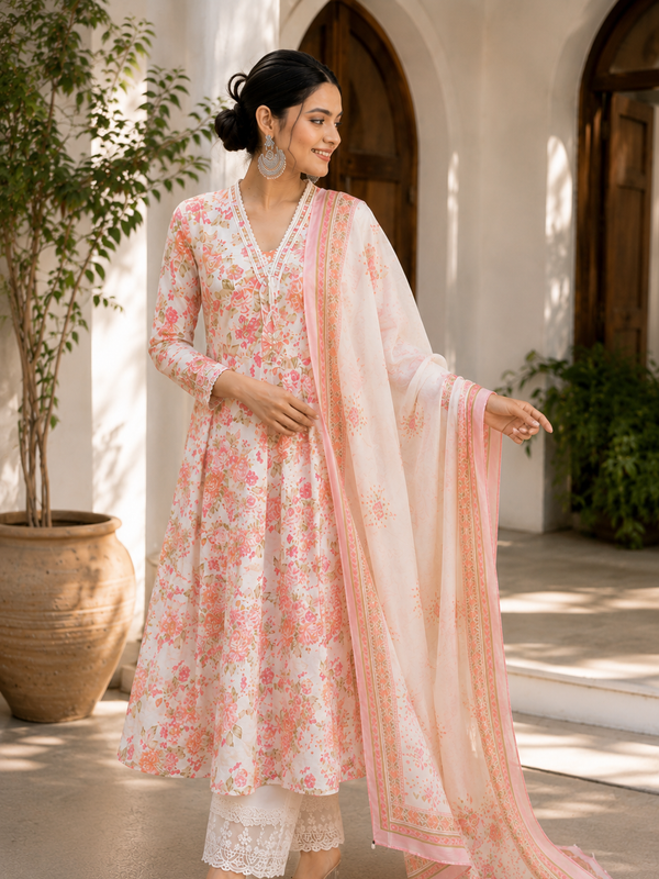 Elegant Pink Floral Cotton Kurta Set