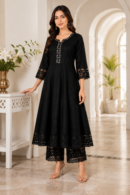 Classic Black Cotton Anarkali Co-ord Set