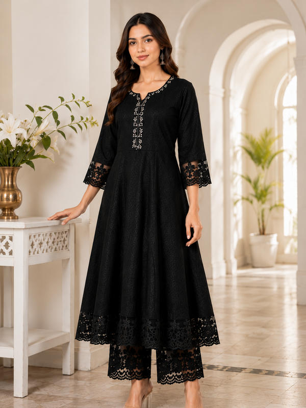 Classic Black Cotton Anarkali Co-ord Set