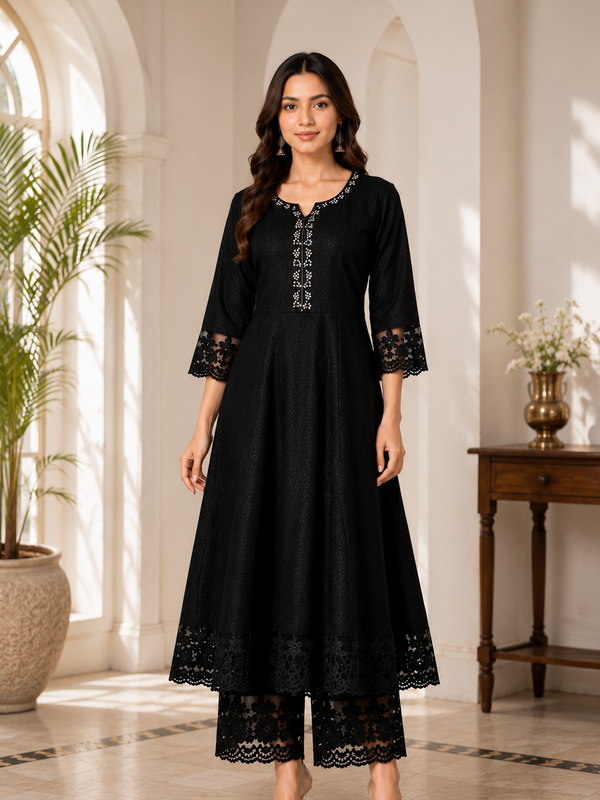 Classic Black Cotton Anarkali Co-ord Set