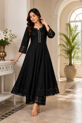 Classic Black Cotton Anarkali Co-ord Set