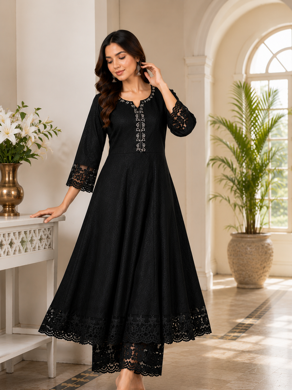 Classic Black Cotton Anarkali Co-ord Set