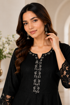 Classic Black Cotton Anarkali Co-ord Set