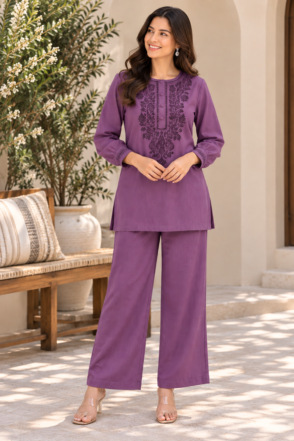 Mauve Embroidered Cotton Co-Ord Set
