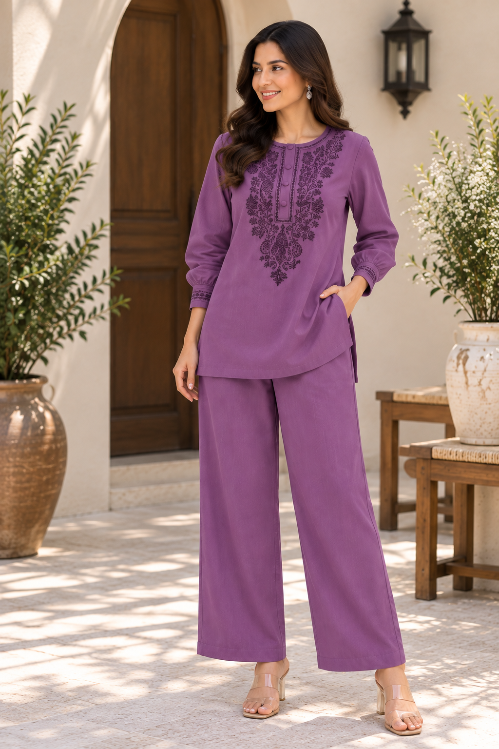 Mauve Embroidered Cotton Co-Ord Set