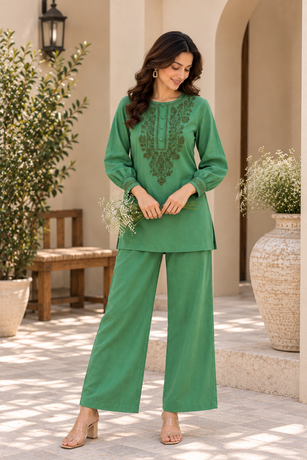 Elegant Green Floral Embroidered Co-Ord Set