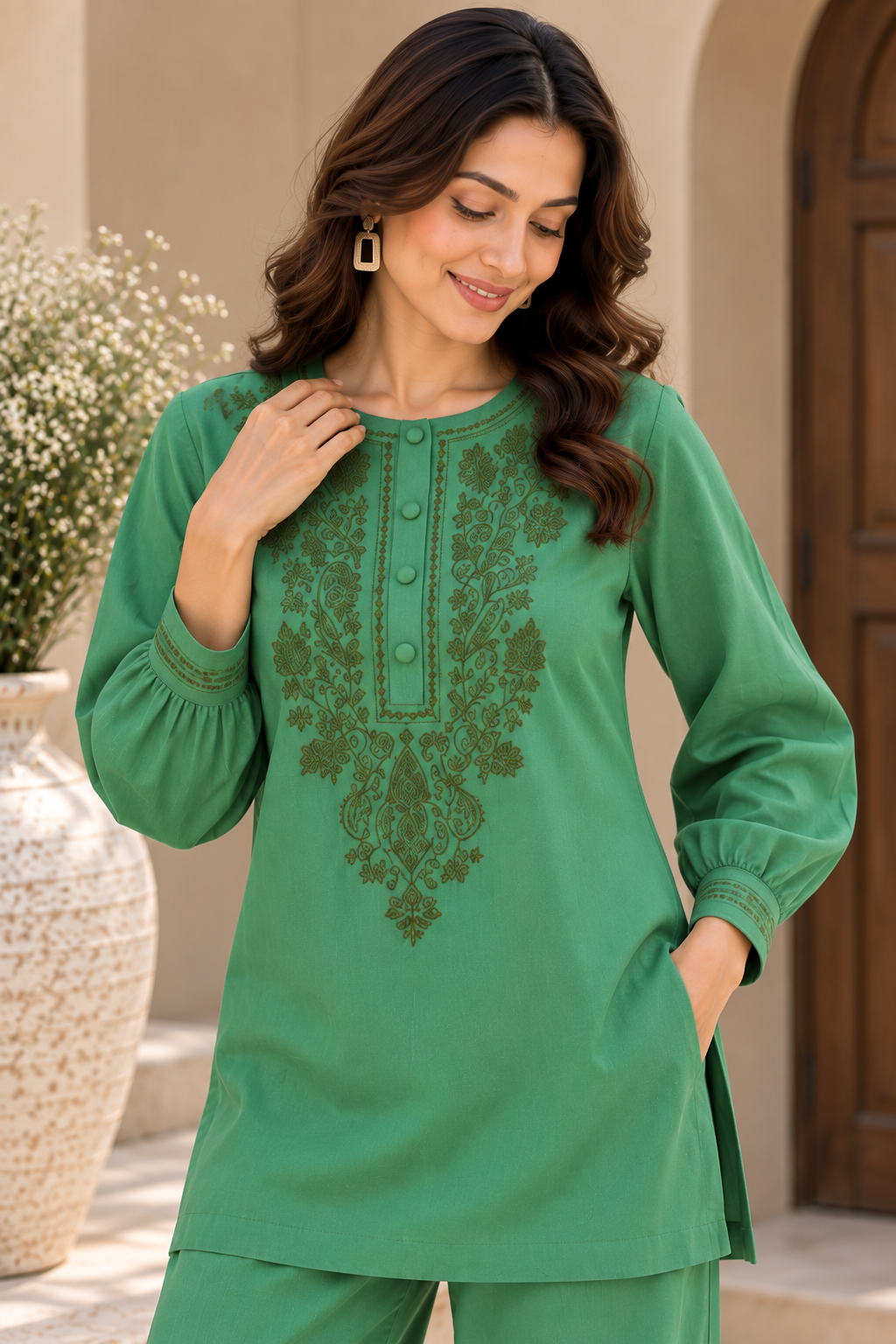 Elegant Green Floral Embroidered Co-Ord Set