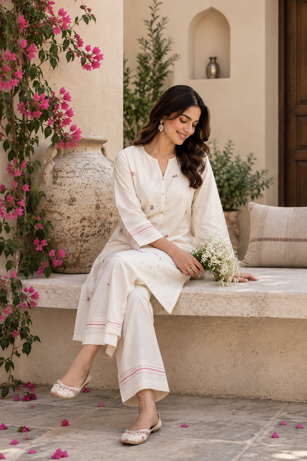 Ivory Floral Charm Cotton Co-Ord Set