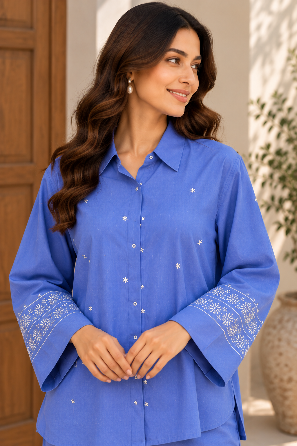 Blue Bloom Embroidered Cotton Co-Ord Set