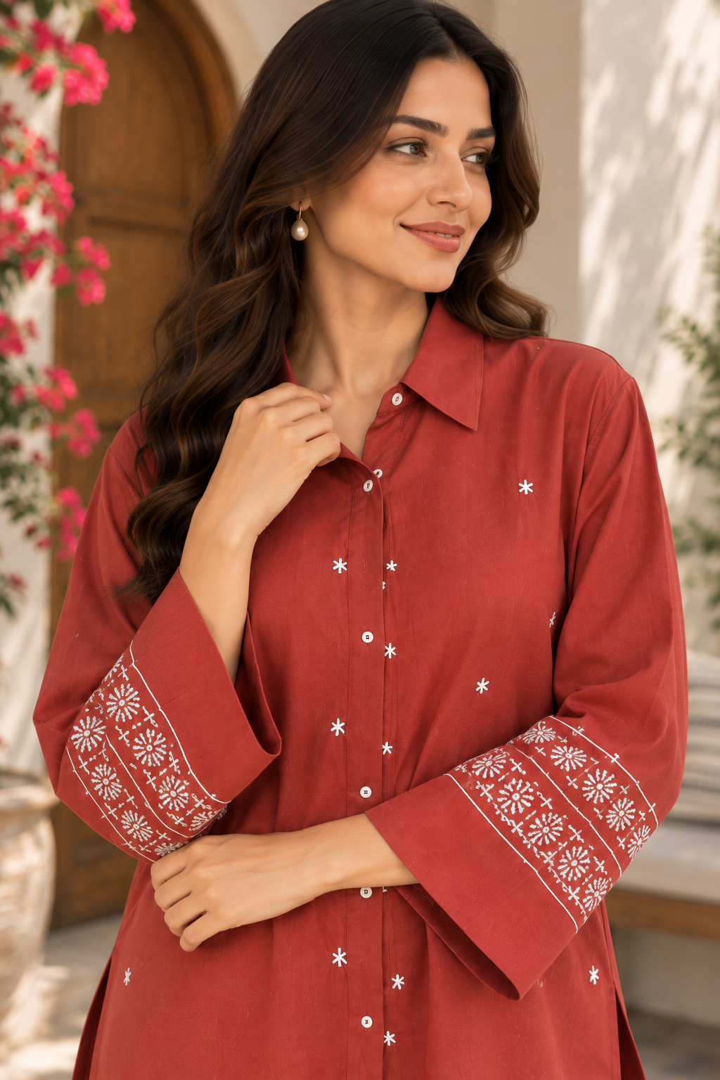 Rust Bloom Embroidered Cotton Co-Ord Set