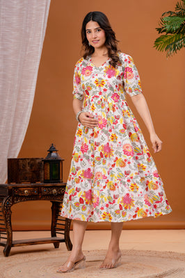 Indolady Blush Blossom Cotton Floral Maternity Gown