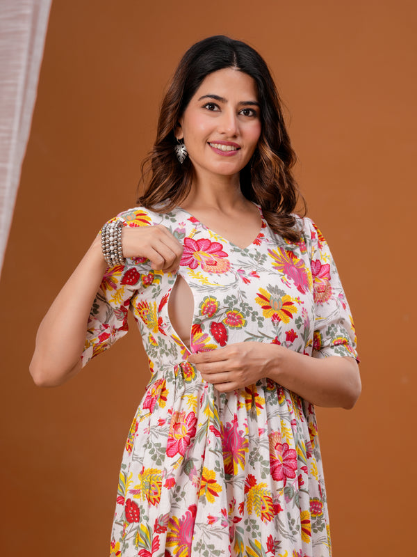 Indolady Blush Blossom Cotton Floral Maternity Gown