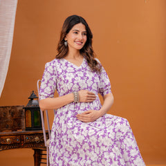 Indolady Purple Cotton Floral Maternity Gown