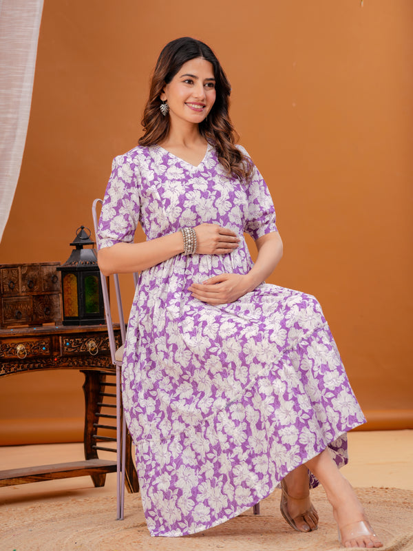 Indolady Purple Cotton Floral Maternity Gown