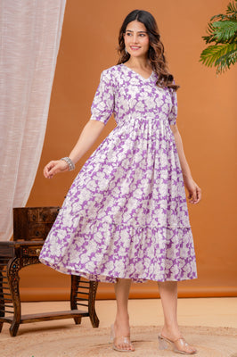 Indolady Purple Cotton Floral Maternity Gown