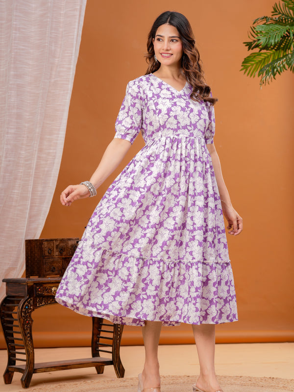 Indolady Purple Cotton Floral Maternity Gown
