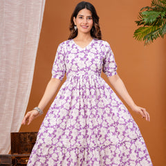Indolady Purple Cotton Floral Maternity Gown