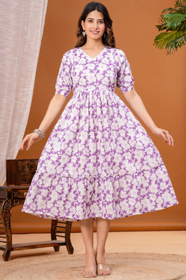 Indolady Purple Cotton Floral Maternity Gown