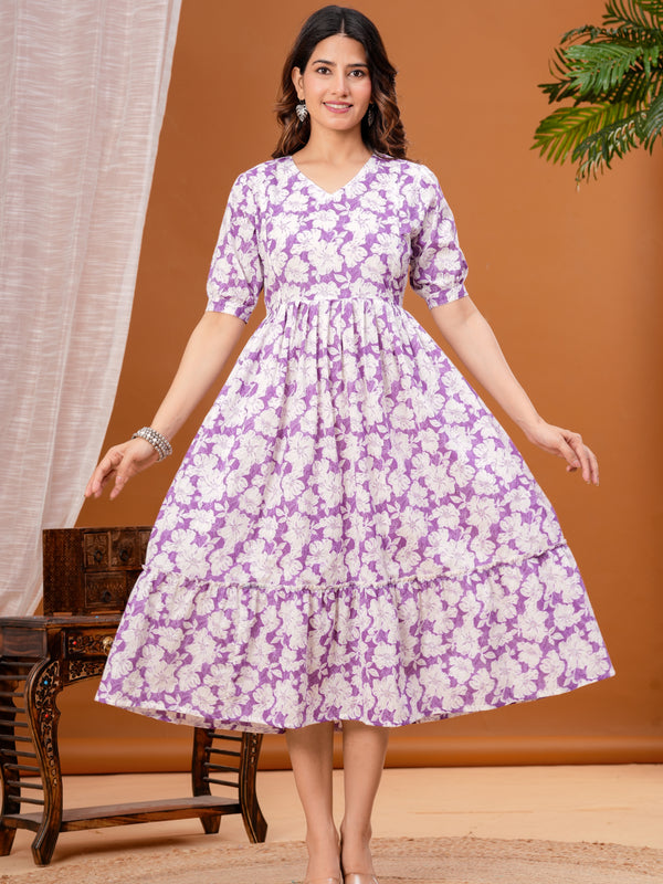 Indolady Purple Cotton Floral Maternity Gown