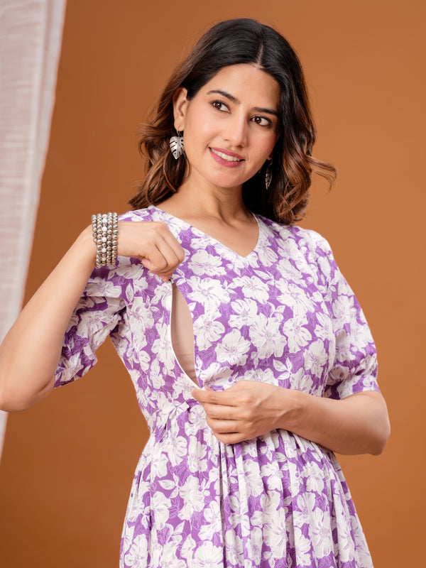 Indolady Purple Cotton Floral Maternity Gown