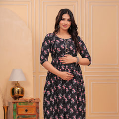 Black Floral Printed Cotton Maternity Gown with Feeding Zip