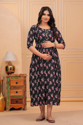 Black Floral Printed Cotton Maternity Gown with Feeding Zip