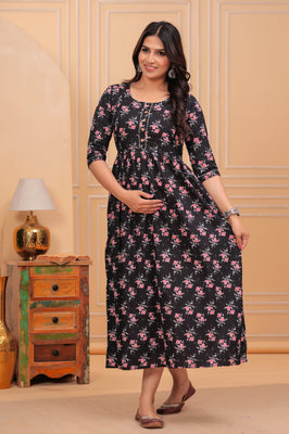 Black Floral Printed Cotton Maternity Gown with Feeding Zip