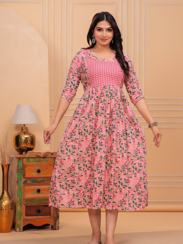 Pink Petals Comfort-Fit Cotton Maternity Gown