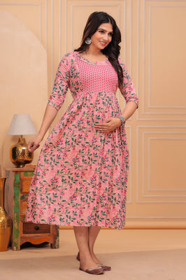 Pink Petals Comfort-Fit Cotton Maternity Gown