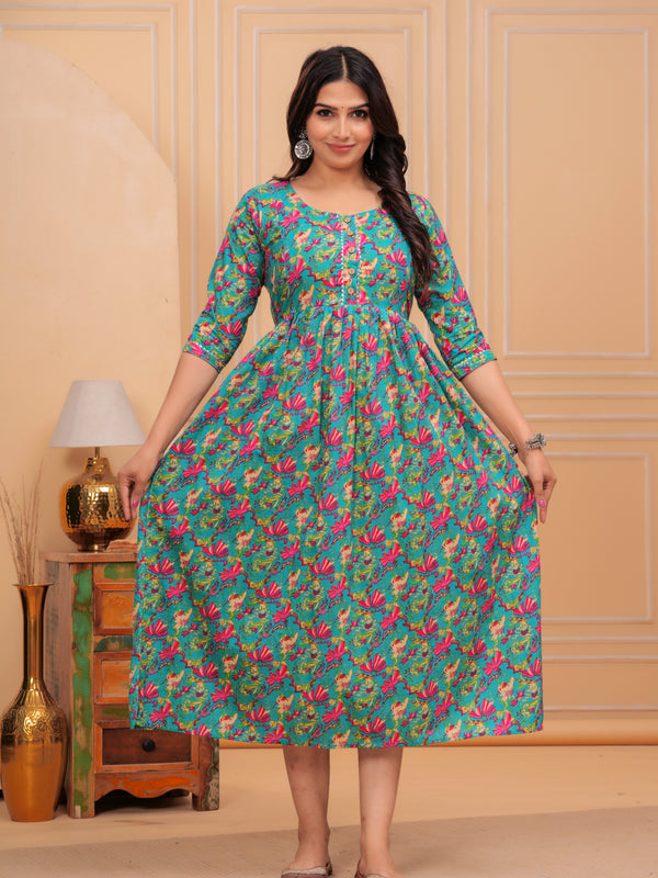Urban Floral Green Cotton Maternity Maxi Gown