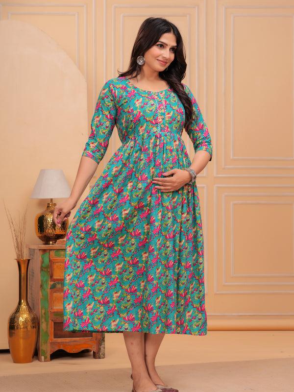 Urban Floral Green Cotton Maternity Maxi Gown