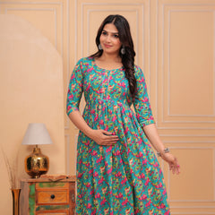 Urban Floral Green Cotton Maternity Maxi Gown