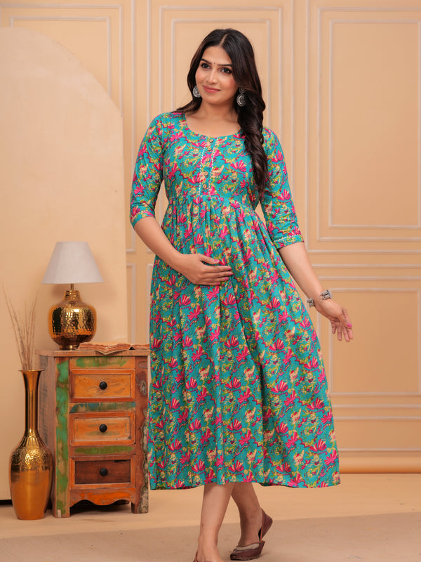 Urban Floral Green Cotton Maternity Maxi Gown