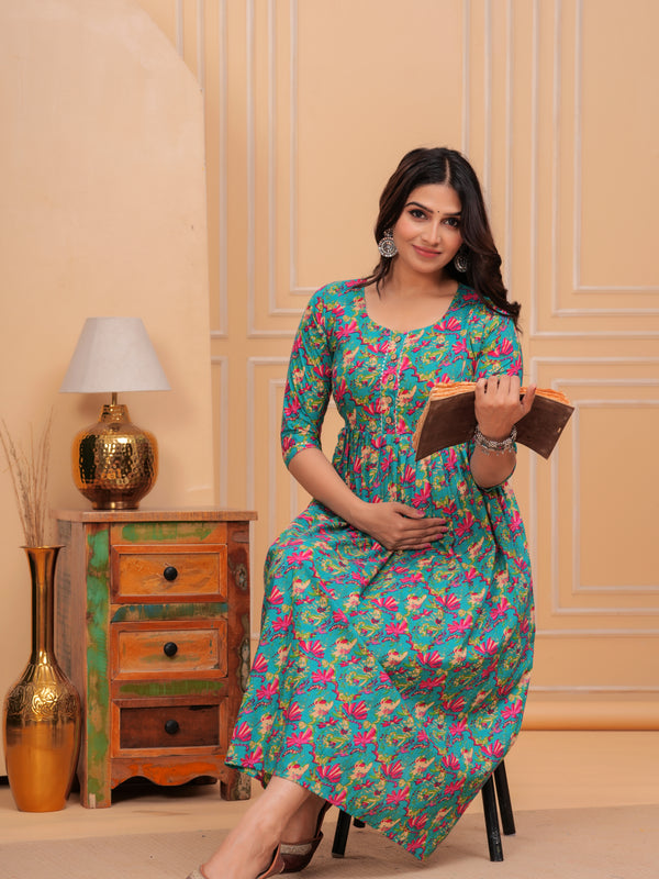 Urban Floral Green Cotton Maternity Maxi Gown