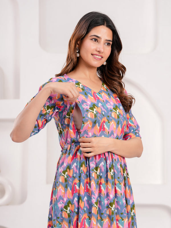 Indolady Multicolor Cotton  Maternity Gown