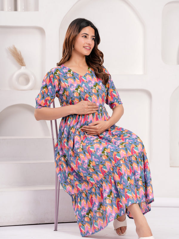 Indolady Multicolor Cotton  Maternity Gown