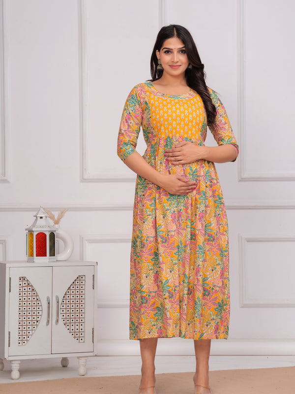 Boho Bloom Mustard Cotton Maternity Gown