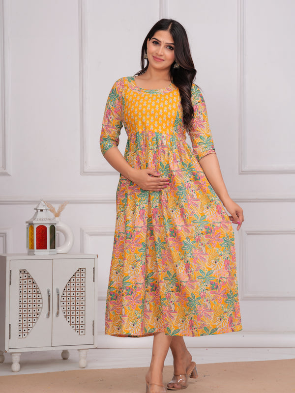 Boho Bloom Mustard Cotton Maternity Gown