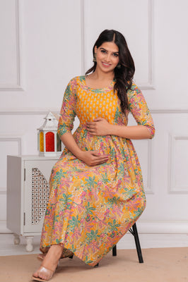 Boho Bloom Mustard Cotton Maternity Gown