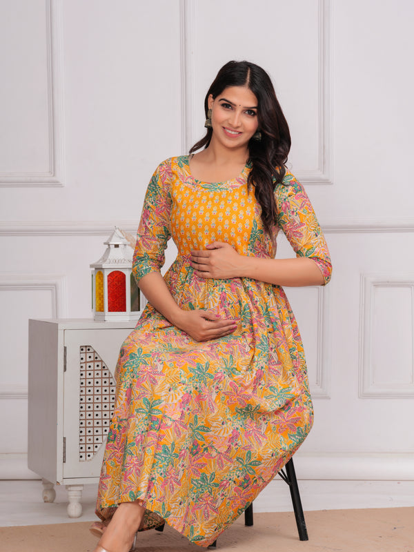 Boho Bloom Mustard Cotton Maternity Gown – Indolady Boho Bloom Mustard Cotton Maternity Gown – Indolady