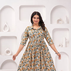 Floral Printed Cotton Maternity Gown with Stand Collar